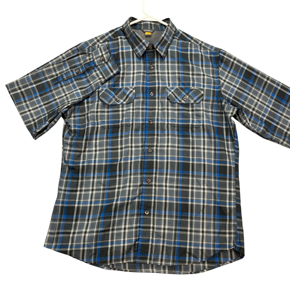 Eddie Bauer Mens L Plaid Long Sleeve Button Up Shirt Blue Black Gray Flap Pocket